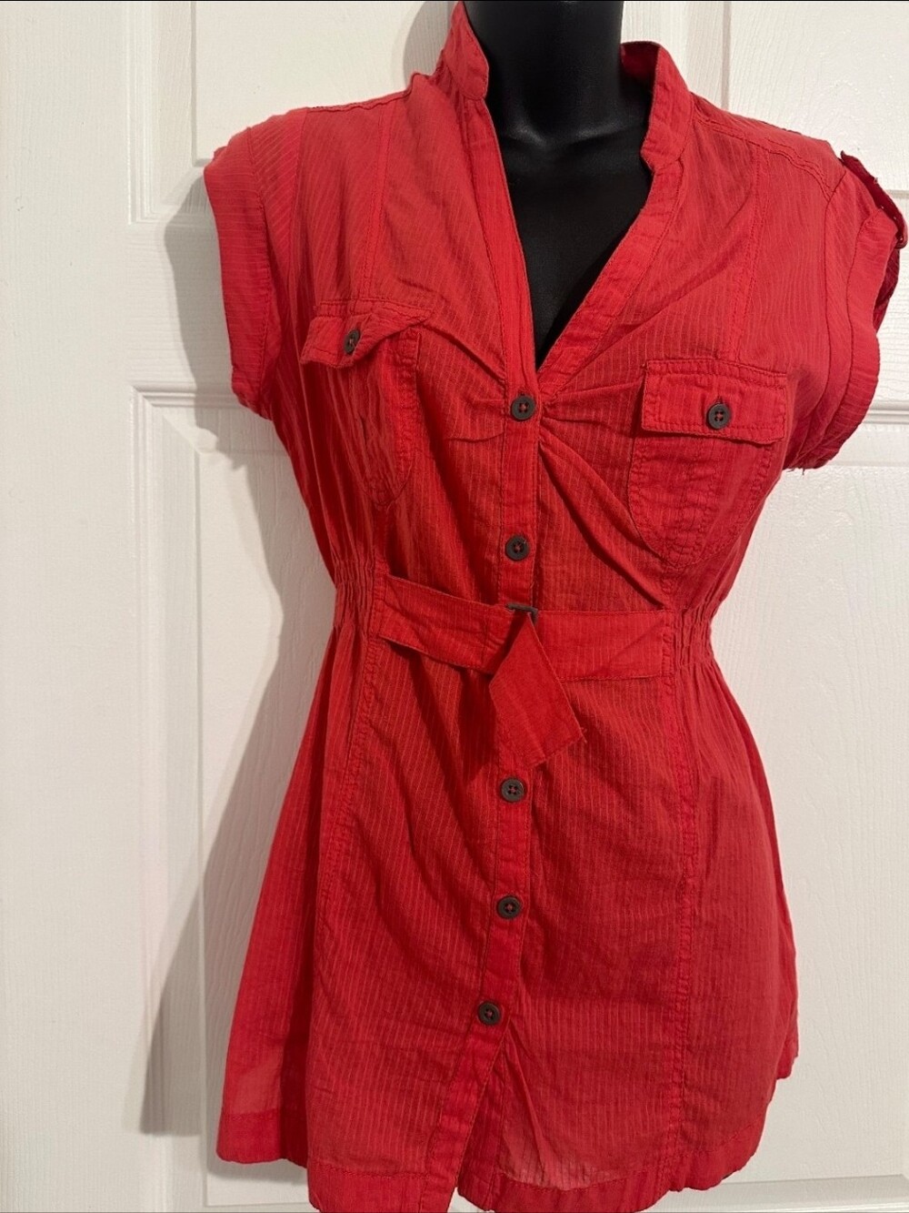 Bershka Red Button-Front Short Sleeve Tunic with Waist Tie